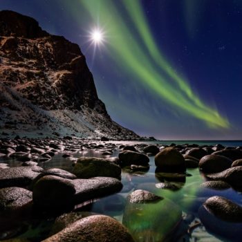 Aurore boréale sous la pleine lune sur la plage d'utakleiv dans les îles lofoten avec Renardo & Puffinou. ©Yannick Legodec