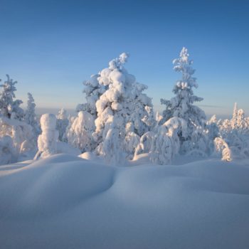 Coucher de soleil sur une colline enneigée près de Akaslompolo en Finlande lors du voyage photo Laponie Renardo & Puffinou. ©Karine Rault